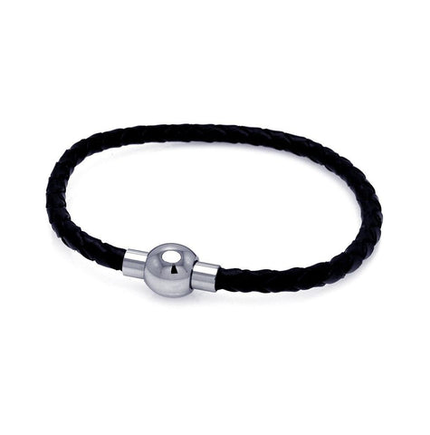 Stainless Steel Black Leather Magnet Lock Bracelet