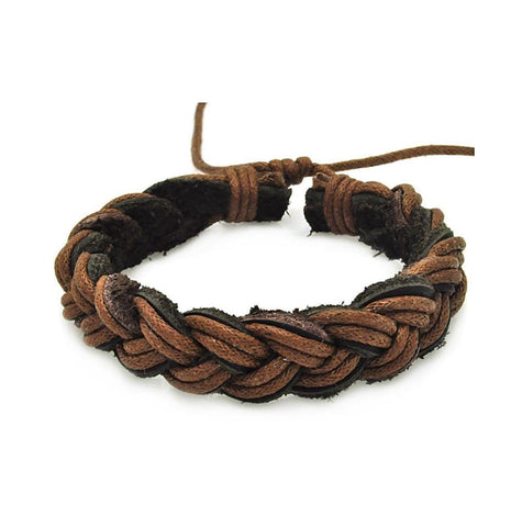 Stainless Steel Black & Brown Braided Leather Bracelet