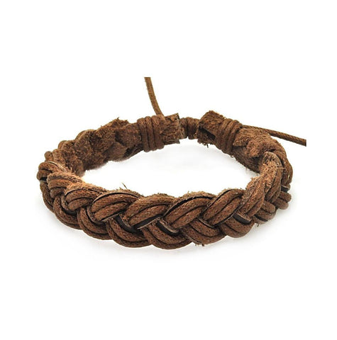 Stainless Steel Brown Leather Braided Bracelet