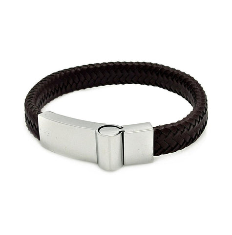 Stainless Steel Brown Leather Magnet Lock Bracelet