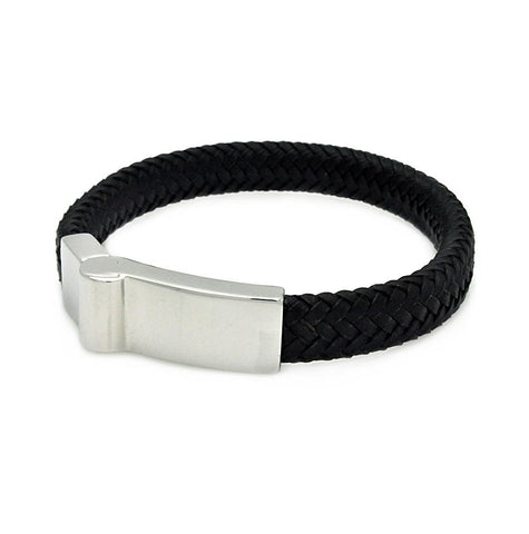 Stainless Steel Black Leather Magnet Lock Bracelet