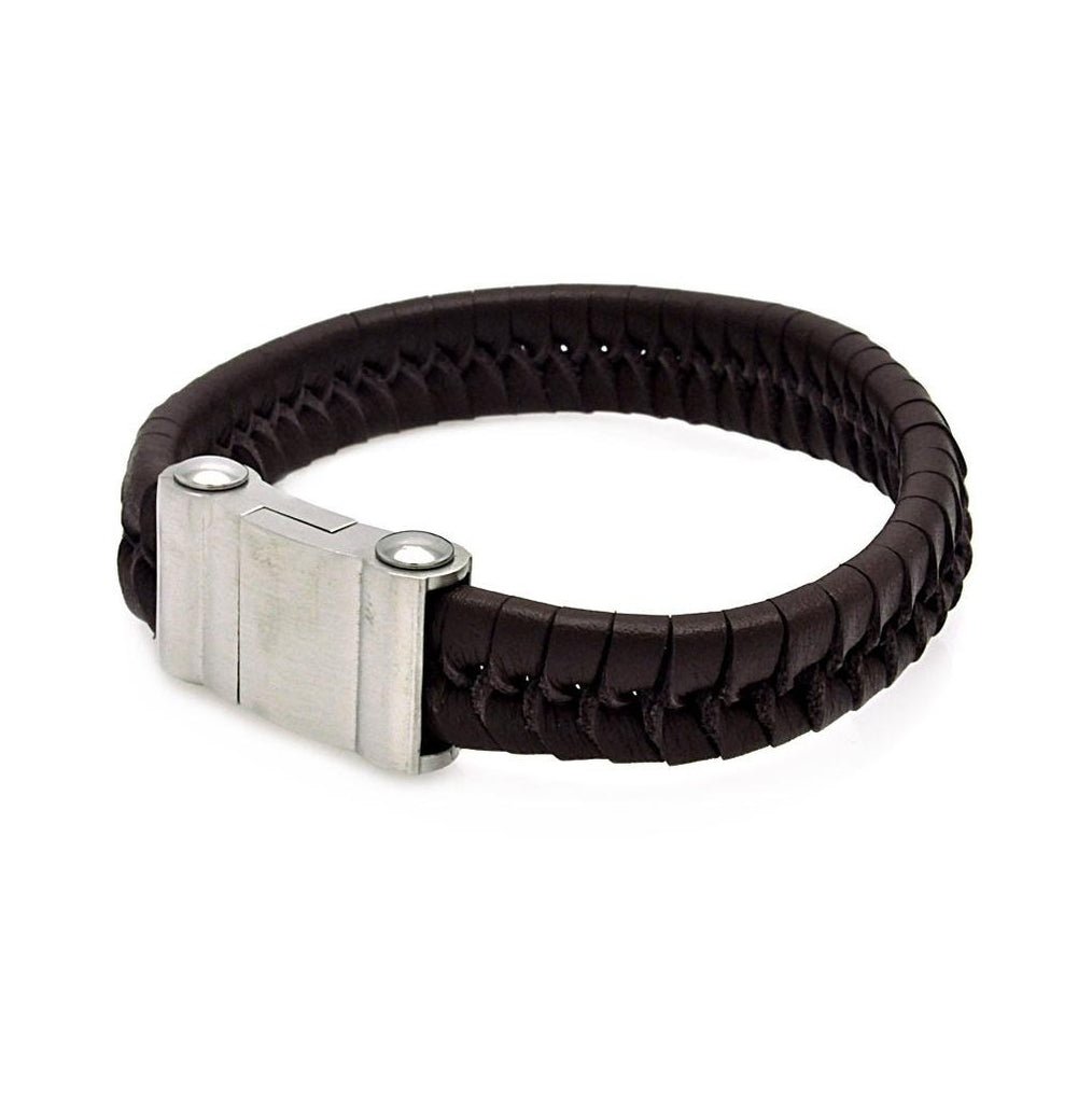 Stainless Steel Brown Leather Magnetic Lock Bracelet