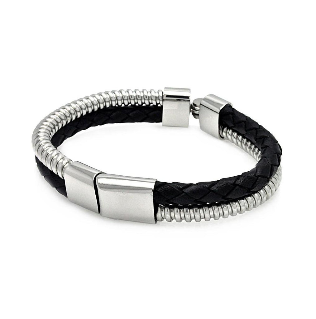 Stainless Steel Black Leather Bracelet