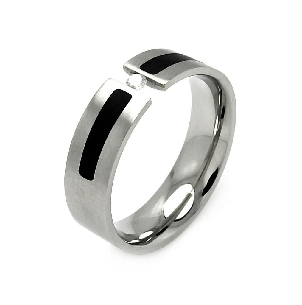 Men's Stainless Steel Black Enamel Clear Crystal Center Ring, <b>size: 9</b>