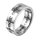 Stainless Steel Band Engraved Love Conquers All, <b>size: 5</b>