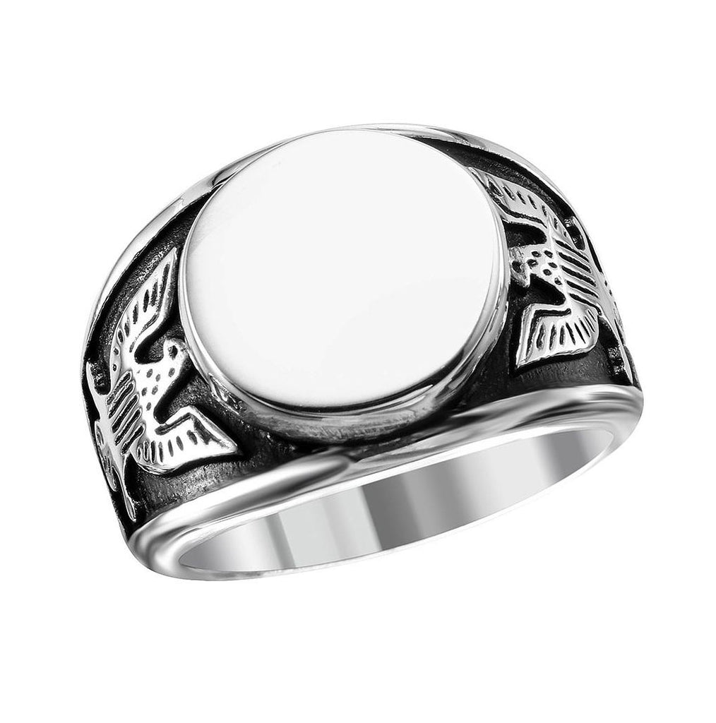 Stainless Steel Engravable Center Ring With Eagle Carved Shank, <b>size: 9</b>