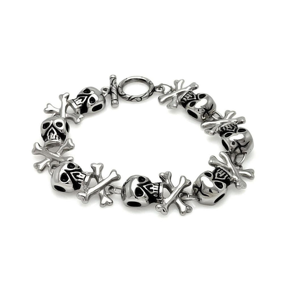 Stainless Steel Skull Head Cross Bones Link Bracelet