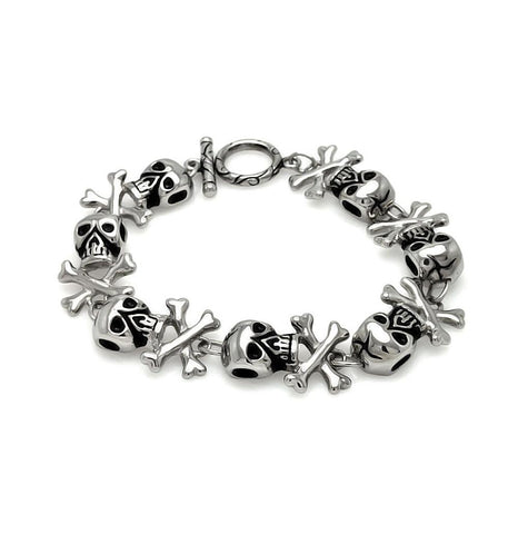 Stainless Steel Skull Head Cross Bones Link Bracelet