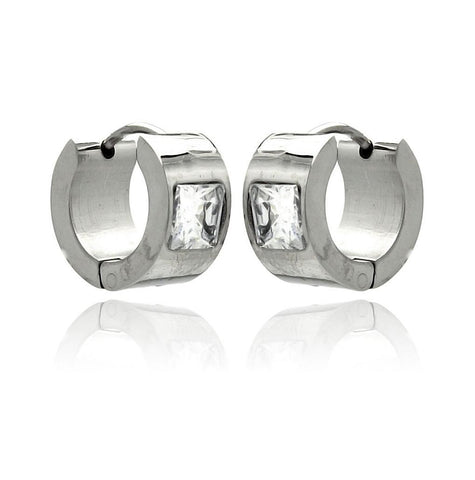 Stainless Steel Princess Cut Clear Cz Wide Hoop Earring