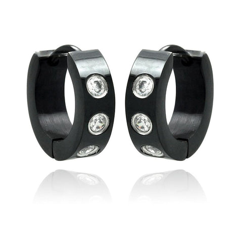 Stainless Steel Black Rhodium Clear Cz Hoop Earring