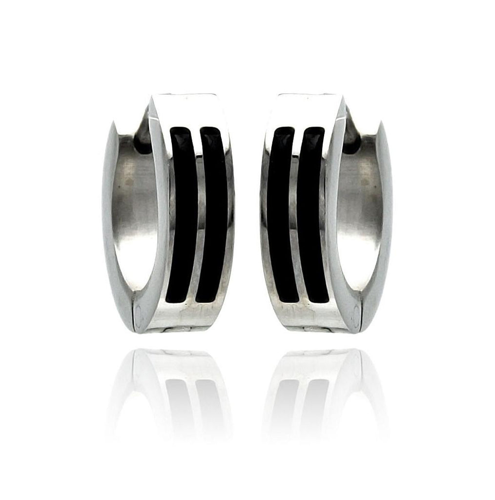 Stainless Steel Black Enamel Lines Hoop Earring