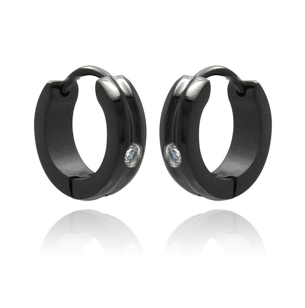 Stainless Steel Black Rhodium Plated Single Clear Cz Hoop Earring