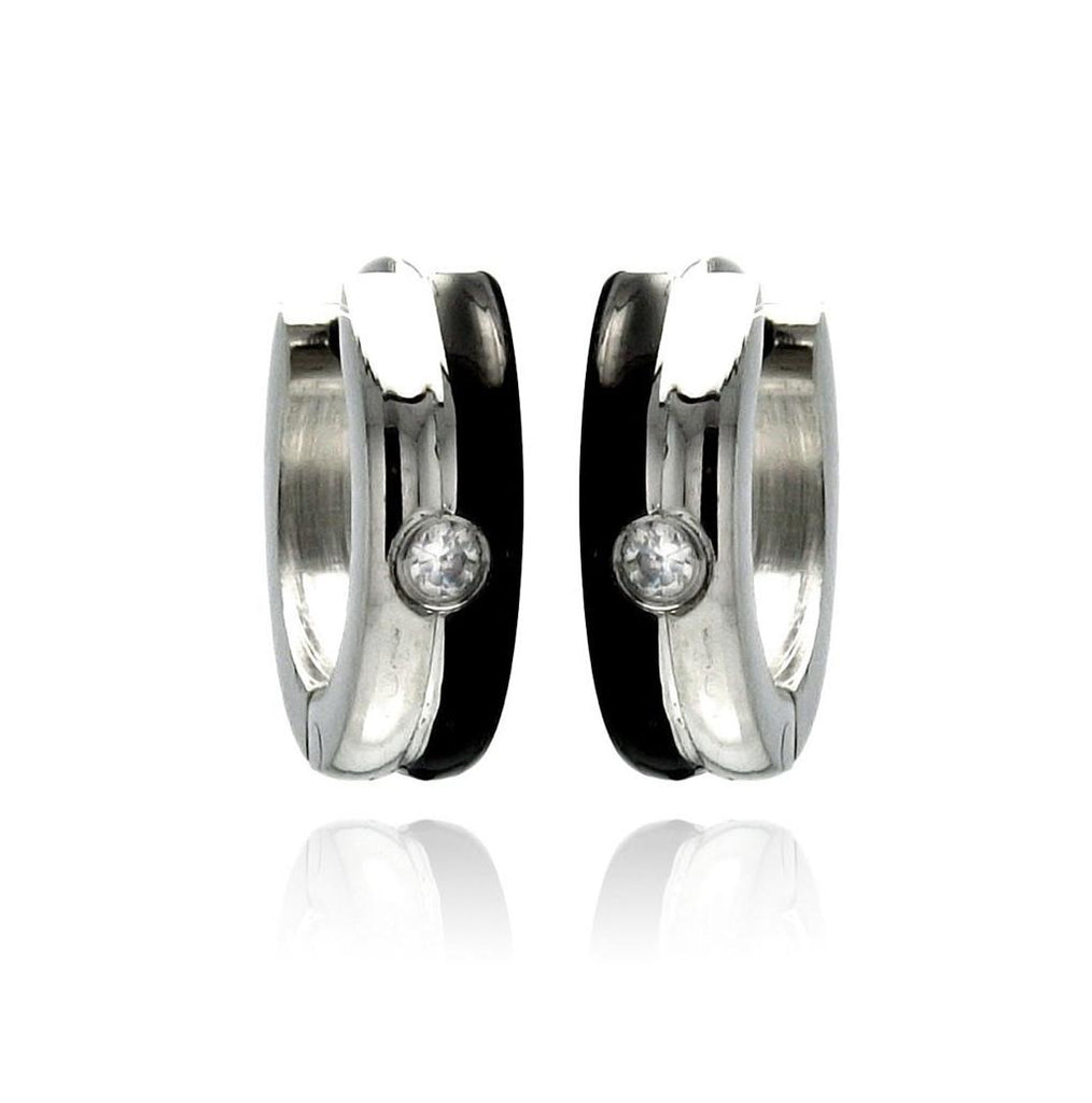 Stainless Steel Black Enamel Single Clear Cz Hoop Earring