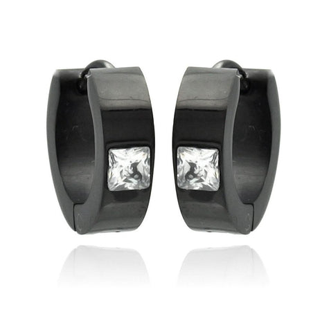 Stainless Steel Black Rhodium Plated Princess Cut Clear Cz Hoop Earring