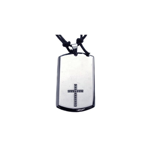 Stainless Steel Clear Crystal Cross Dog Tag Black Cord Pendant Necklace