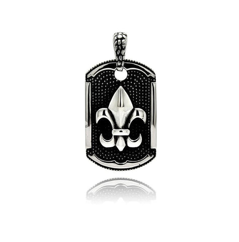 Stainless Steel Two Tone Rock Texture Fleur De Lis Dog Tag Charm Pendant