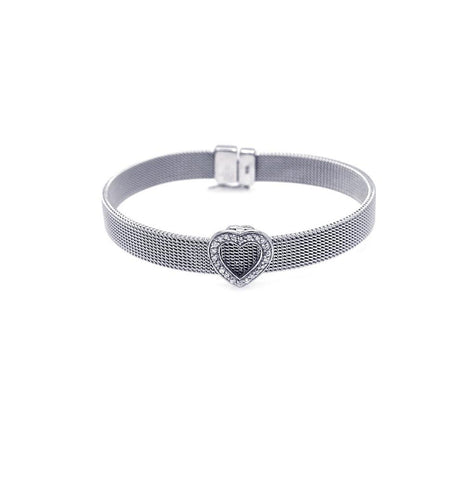 .925 Sterling Silver Rhodium Plated Heart Clear Cz Mesh Bracelet