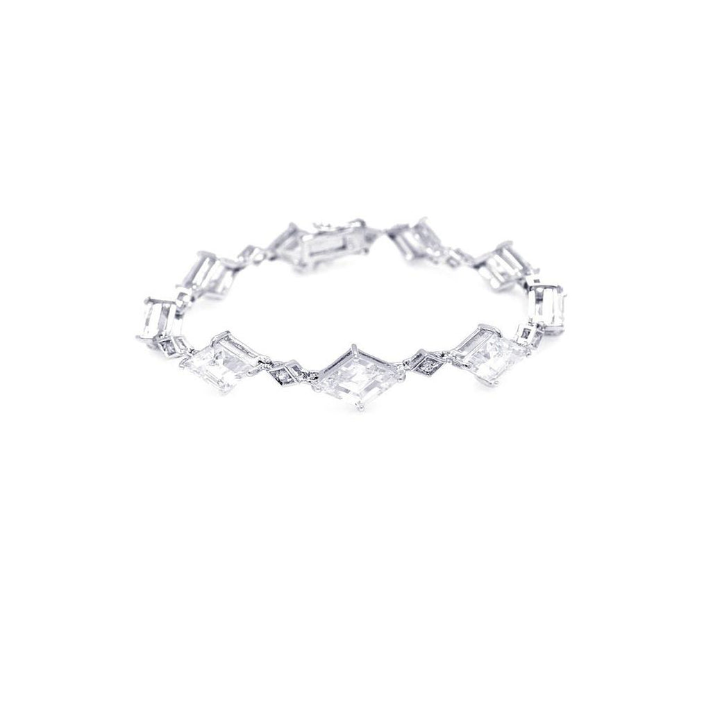 .925 Sterling Silver Rhodium Plated Diamond Shape Clear Cz Link Bracelet