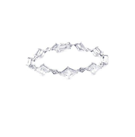 .925 Sterling Silver Rhodium Plated Diamond Shape Clear Cz Link Bracelet