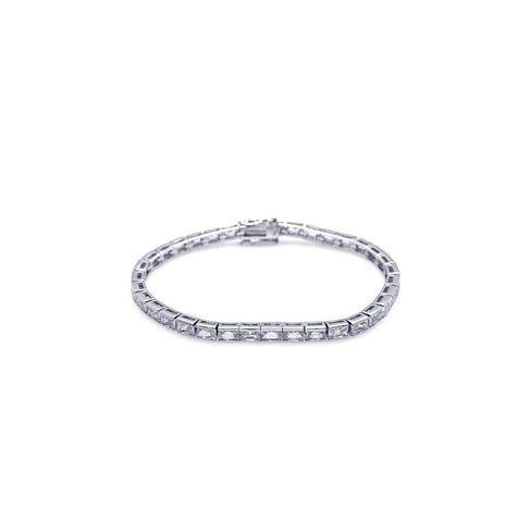 .925 Sterling Silver Rhodium Plated Clear Baguette Cz Tennis Bracelet