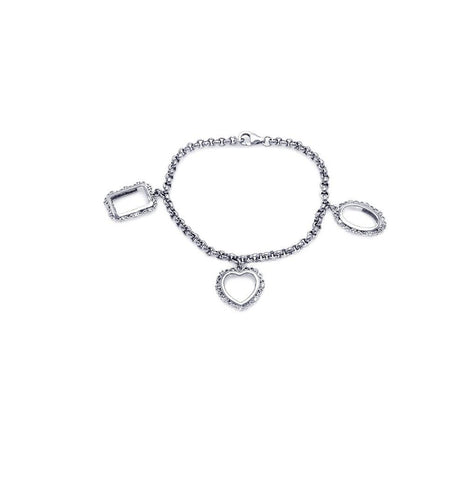 .925 Sterling Silver Rhodium Plated Open Multi Shape Charm Bracelet