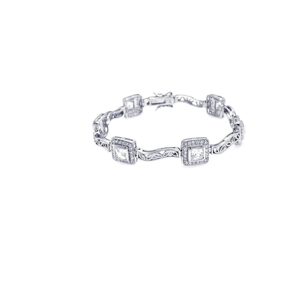 .925 Sterling Silver Rhodium Plated Clear Round & Square Cz Bracelet