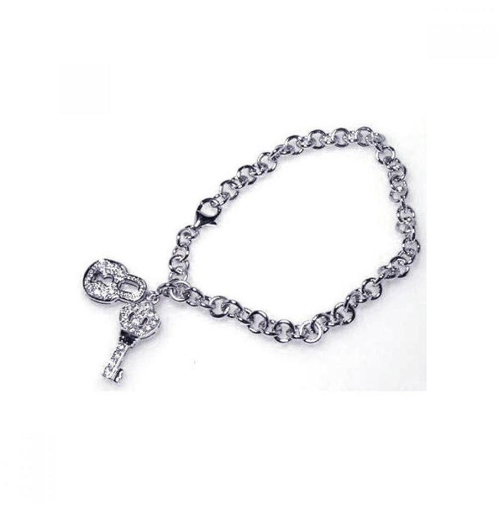 .925 Sterling Silver Rhodium Plated Clear Cz Lock & Key Bracelet