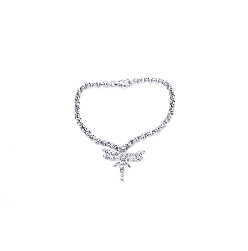 .925 Sterling Silver Rhodium Plated Clear Cz Dragonfly Bracelet