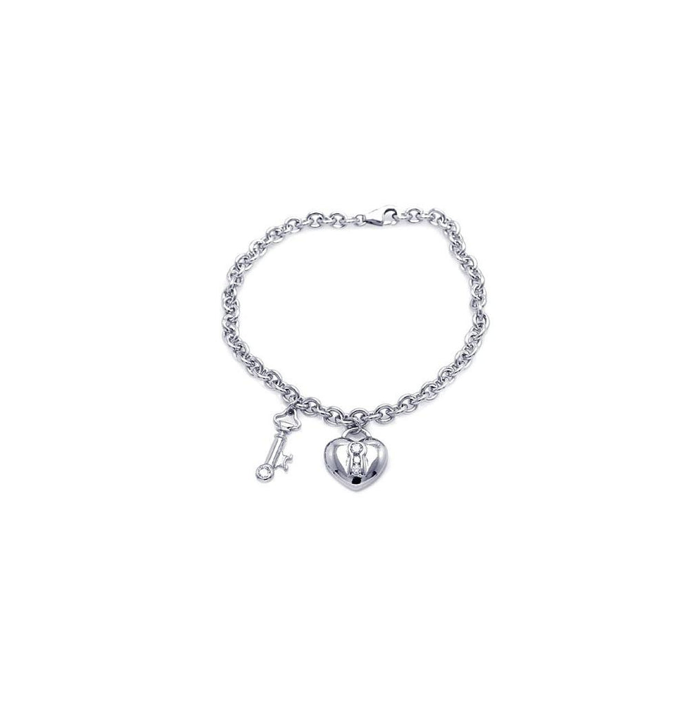 .925 Sterling Silver Rhodium Plated Clear Cz Lock & Key Bracelet