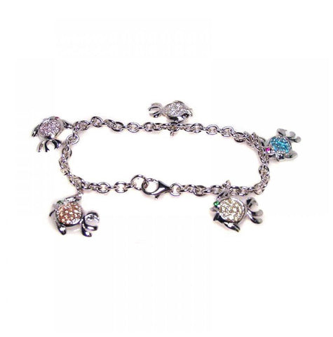 .925 Sterling Silver Rhodium Plated Multi Color Cz Dangling Fish Bracelet