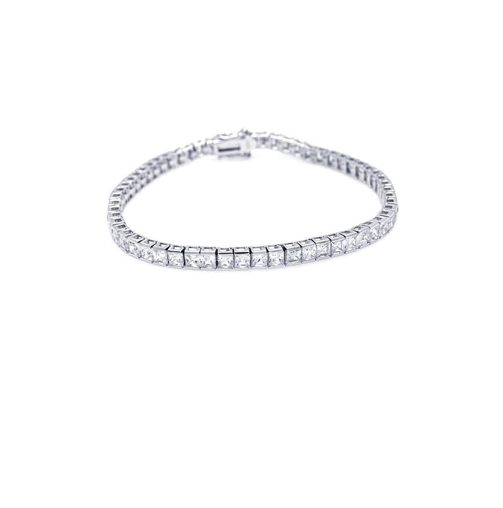 .925 Sterling Silver Rhodium Plated Square Clear Cz Tennis Bracelet