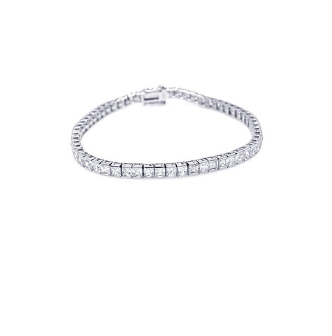 .925 Sterling Silver Rhodium Plated Square Clear Cz Tennis Bracelet