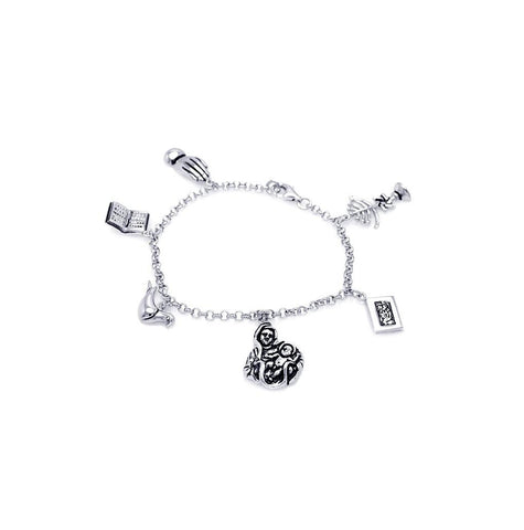 .925 Sterling Silver Rhodium Plated Religious Charm Bracelet