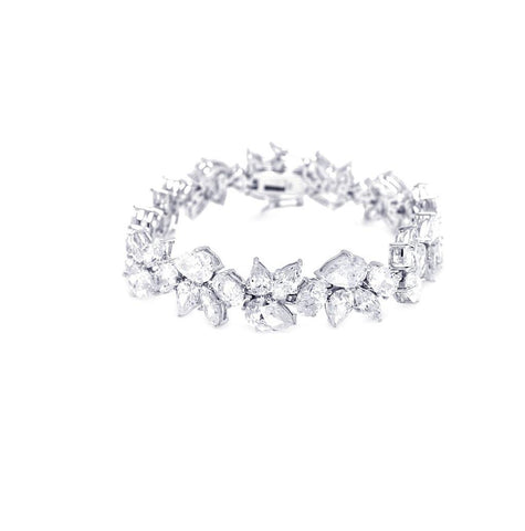 .925 Sterling Silver Rhodium Plated Flower Clear Cz Bracelet