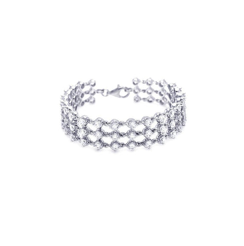 .925 Sterling Silver Rhodium Plated 3 Row Clear Cz Bracelet