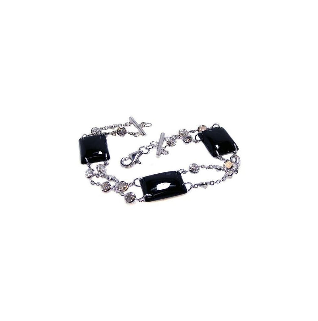 .925 Sterling Silver Rhodium Plated Rectangle Black Stone Clear Cz Bracelet