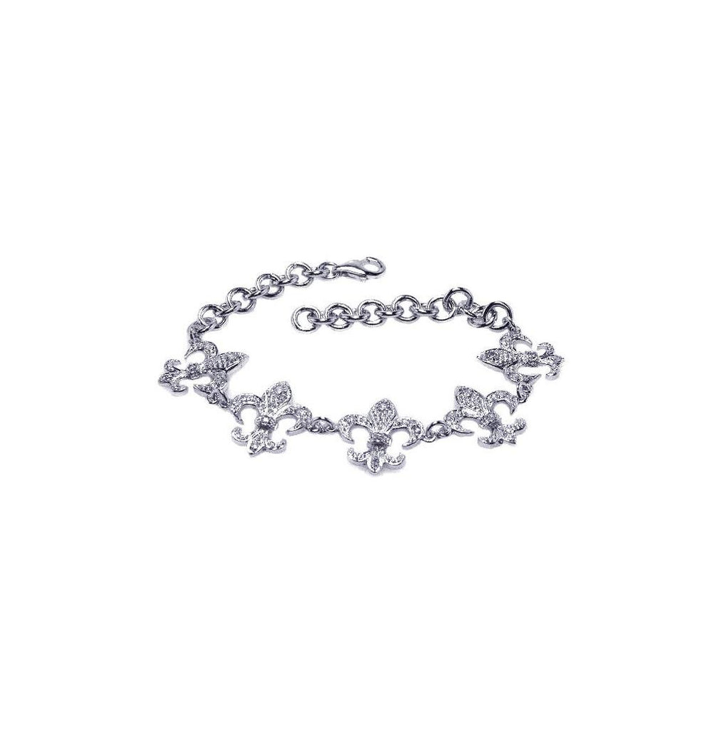 .925 Sterling Silver Rhodium Plated Fleur De Lis Clear Cz Bracelet