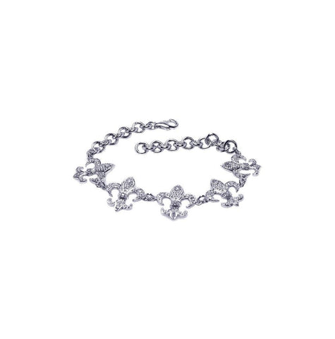 .925 Sterling Silver Rhodium Plated Fleur De Lis Clear Cz Bracelet