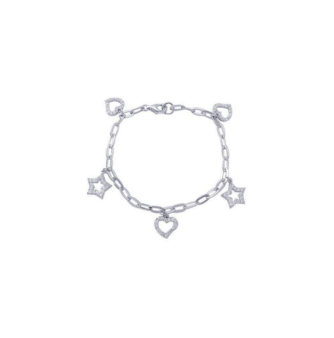 .925 Sterling Silver Rhodium Plated Open Multi Heart & Star Clear Cz Bracelet