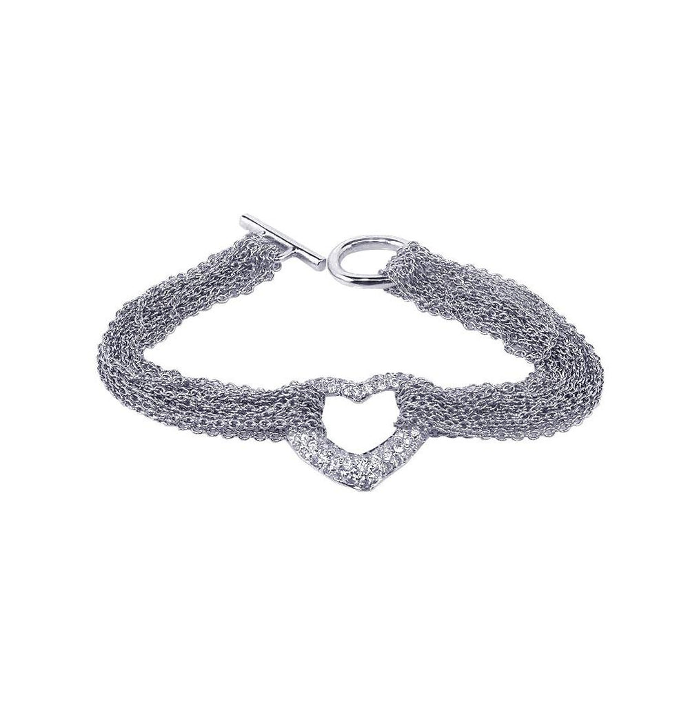 .925 Sterling Silver Rhodium Plated Multi Chain Open Heart Micro Pave Clear Cz Bracelet