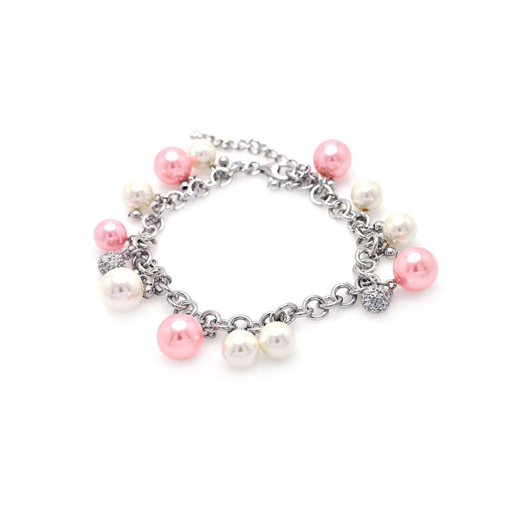 .925 Sterling Silver Rhodium Plated White & Pink Pearl Clear Cz Bracelet