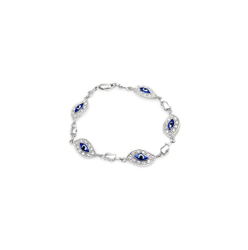 .925 Sterling Silver Rhodium Plated Evil Eye Clear Cz Bracelet