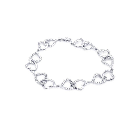 .925 Sterling Silver Rhodium Plated Open Multi Heart Clear Cz Bracelet