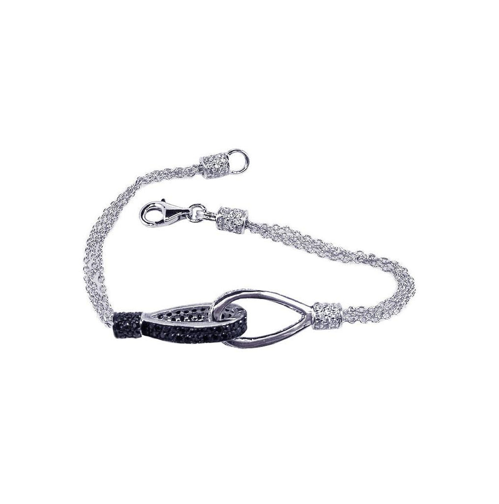 .925 Sterling Silver Rhodium & Black Rhodium Plated Pave Set Clear & Black Cz Multi Strand Loop Bracelet