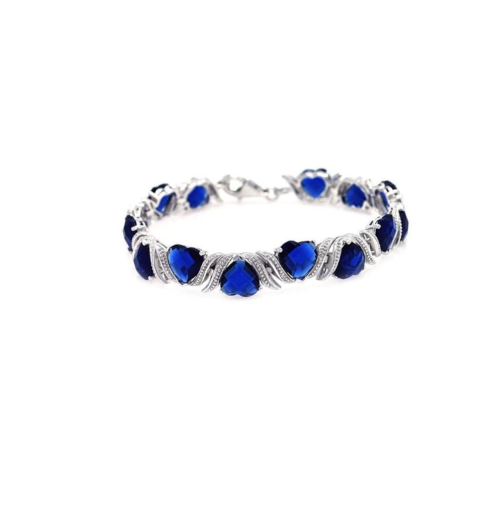 .925 Sterling Silver Rhodium Plated Blue Cz Heart Bracelet