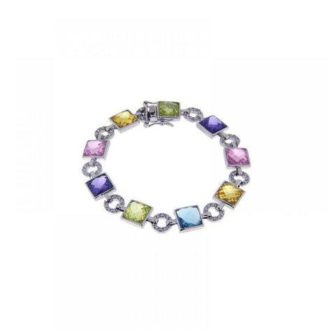 .925 Sterling Silver Rhodium Plated Multi Color Square & Circle Bracelet