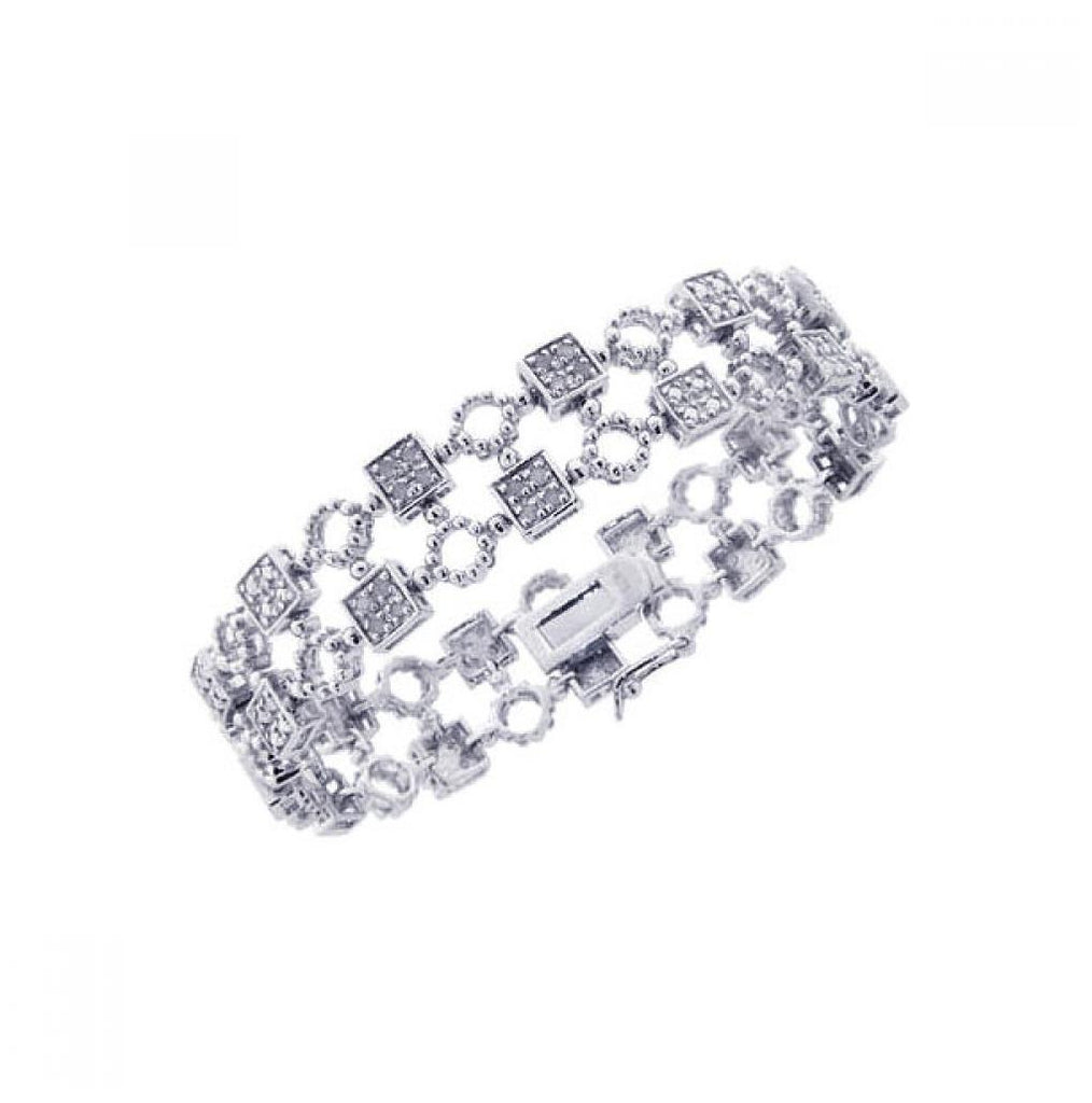 .925 Sterling Silver Rhodium Plated Clear Cz Square & Circle Bracelet