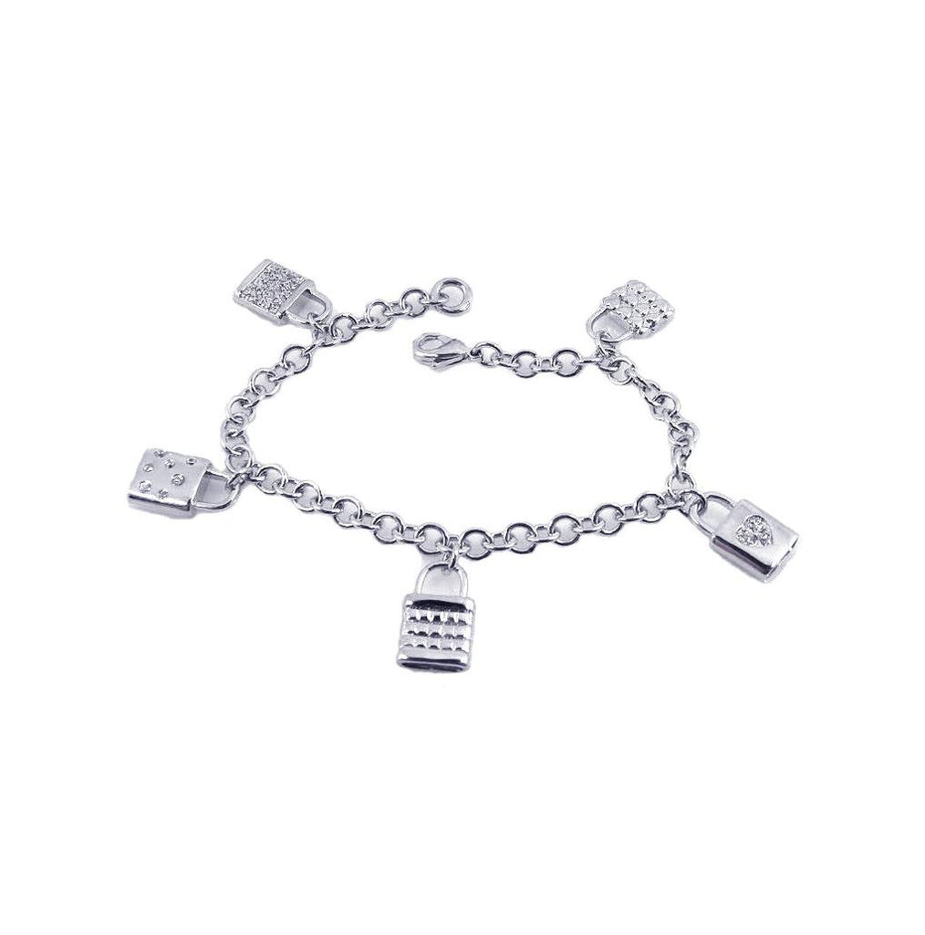 Rhodium Plated Brass Lock Clear Cz Charm Bracelet