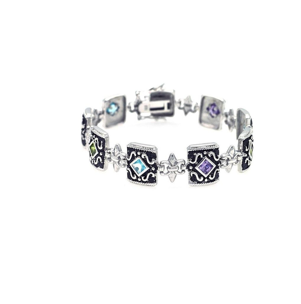 .925 Sterling Silver Oxidized Rhodium Plated Multi Color Cz Antique Bracelet