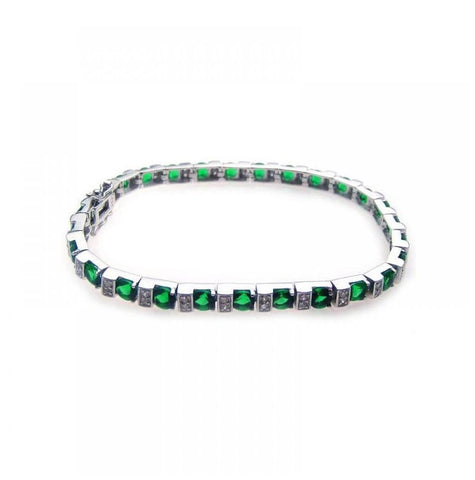 .925 Sterling Silver Rhodium Plated Green & Clear Cz Tennis Bracelet